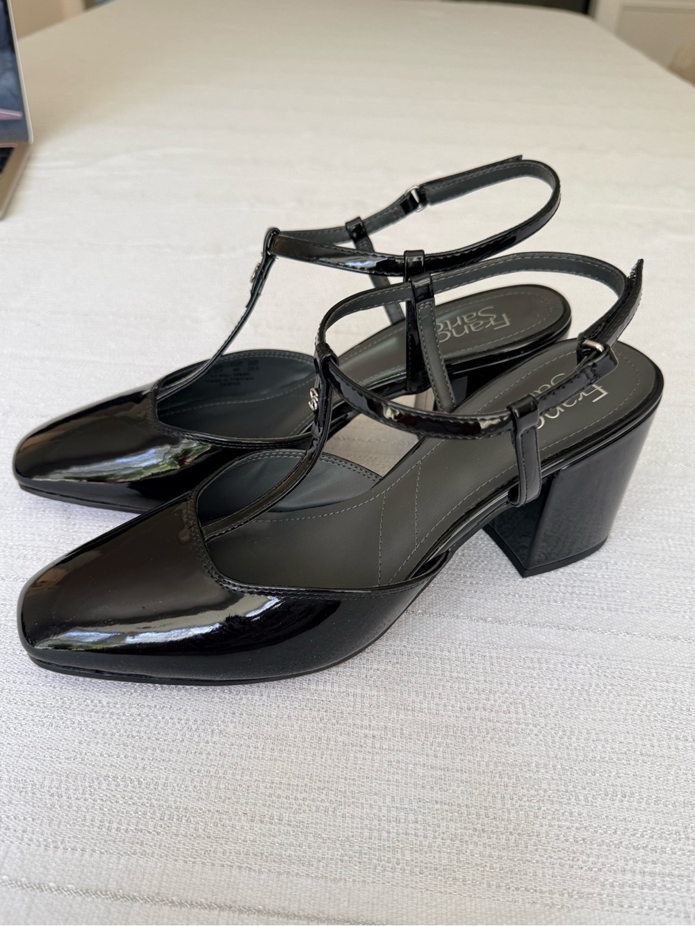 Franco Sarto Patent Black T-Strap Block Heel Pumps